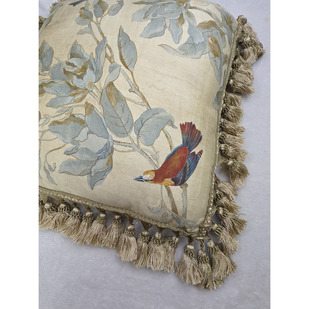 Windsong Heritage House Bird Leaf Pillow Tassel Fringe 17" Ivory Decorator